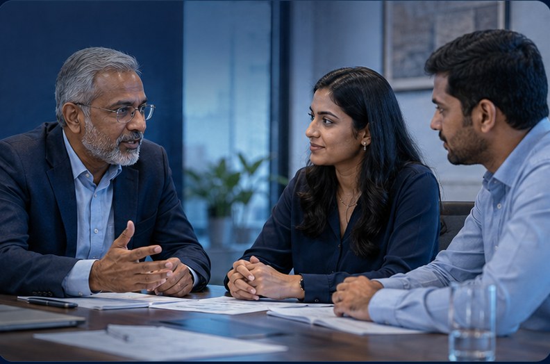 Yugasa engineers and a client leader working through a plan around a table