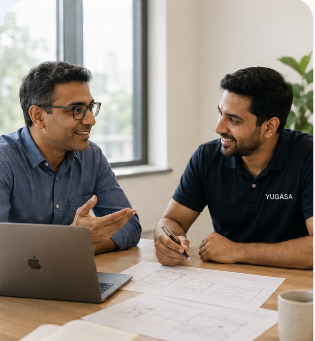 A Yugasa product lead talking an idea through with a client