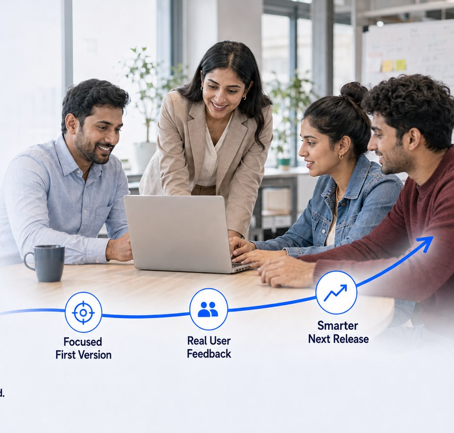 A product team reviewing an AI MVP together, above a path marked Focused First Version, Real User Feedback and Smarter Next Release
